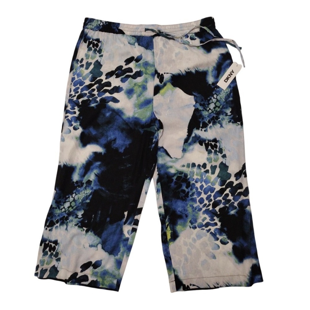 DKNY Capri Pants Woman 1X Blue Colorful Linen Abstract Peacock Straight‎ Leg